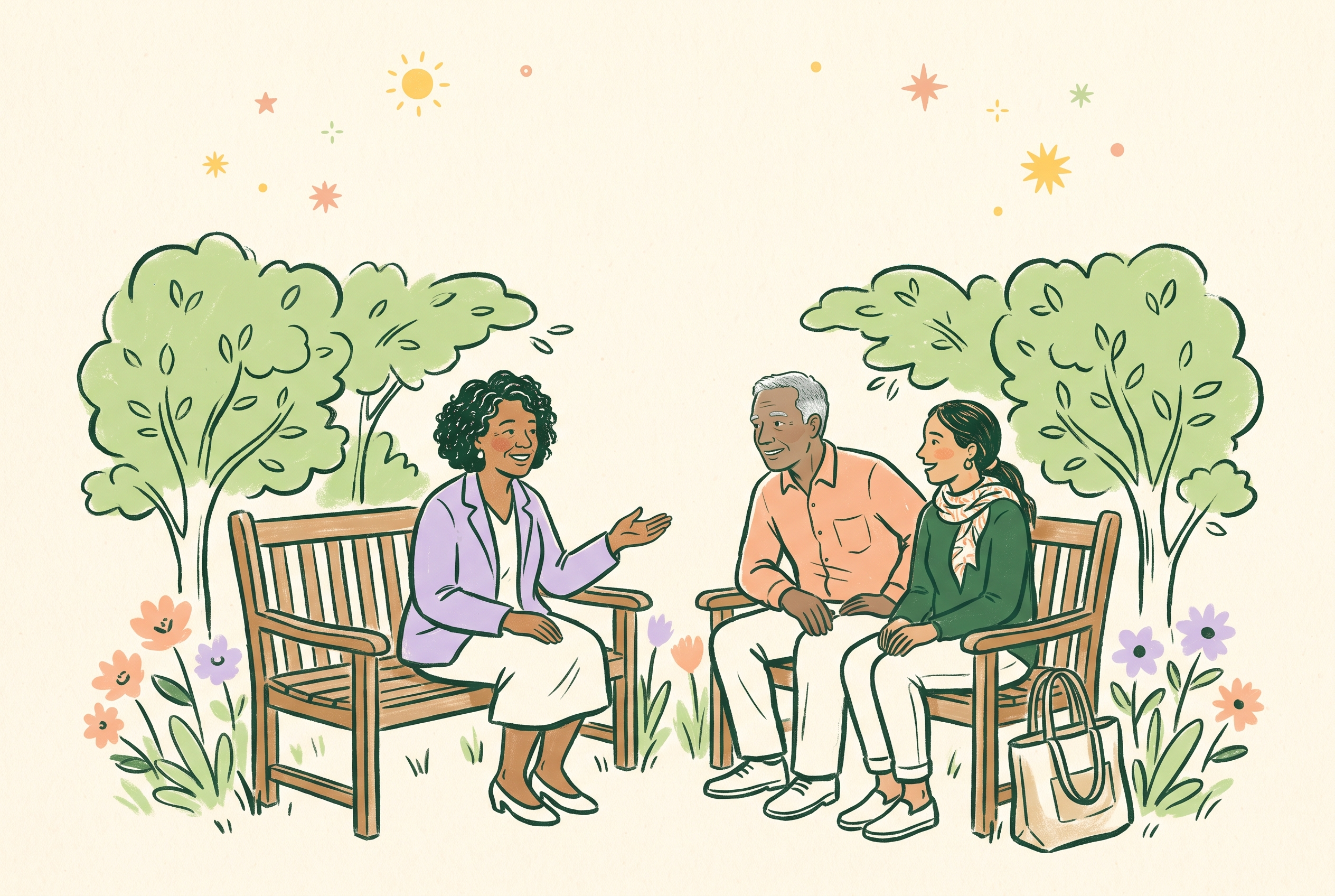 An illustrated garden conversation about care and understanding